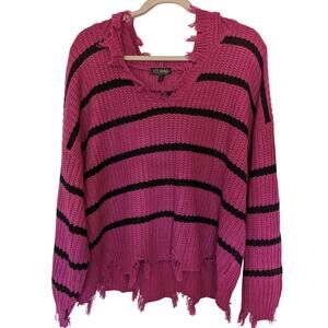 Womens 2X Black Pink Sweater Horizontal Striped Distressed Goth